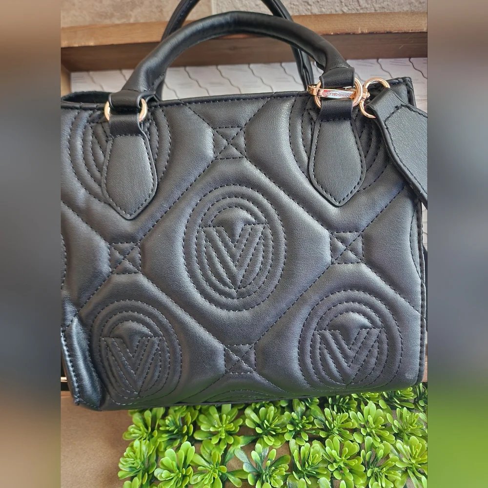 Vince Camuto Black Quilted Leather Satchel with Gold Charm